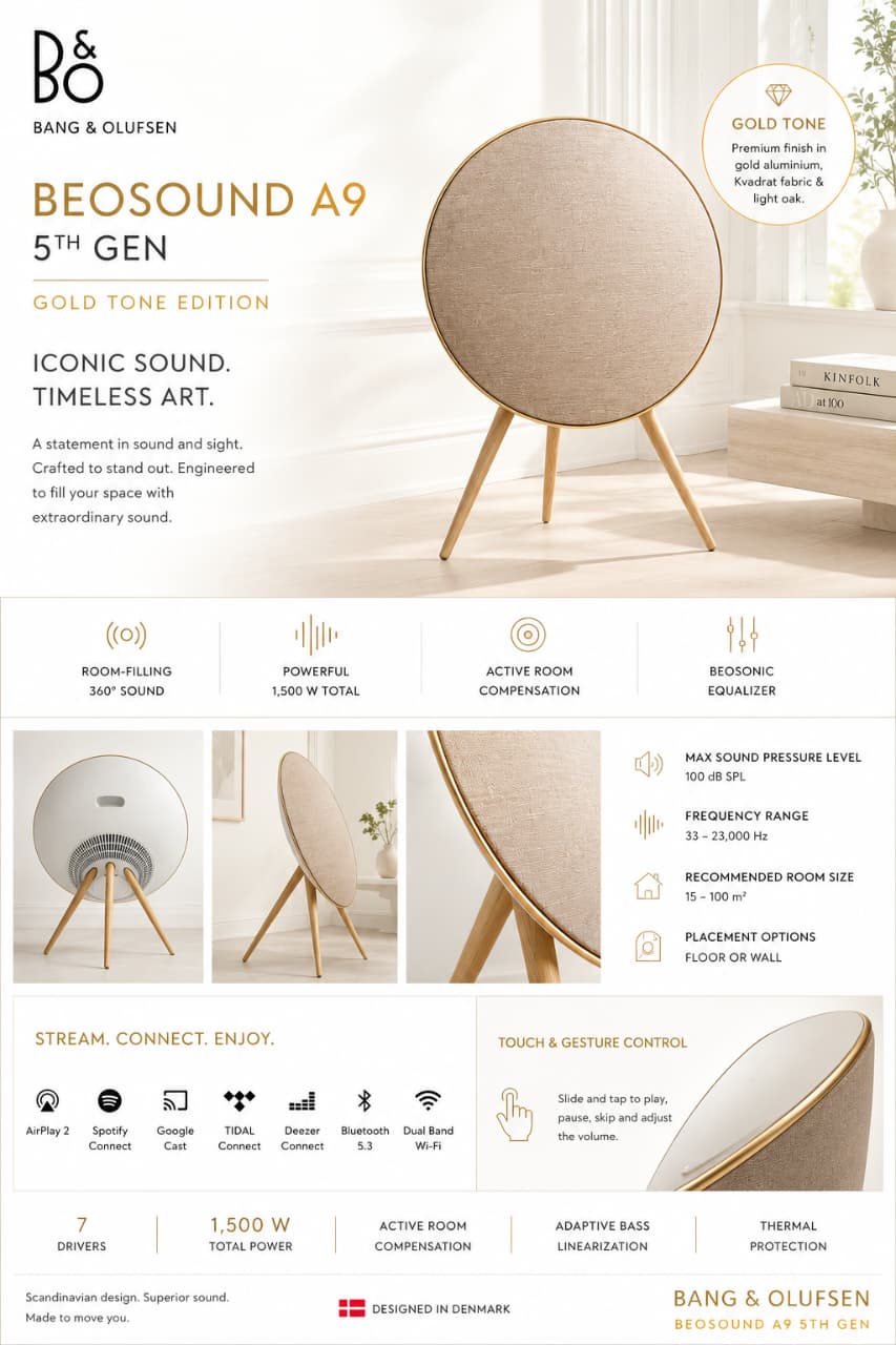 Bang Olufsen Beosound A9 5th Generation - Iconic and Powerful Multiroom WiFi and Bluetooth Home Speaker with Active Room Compensation