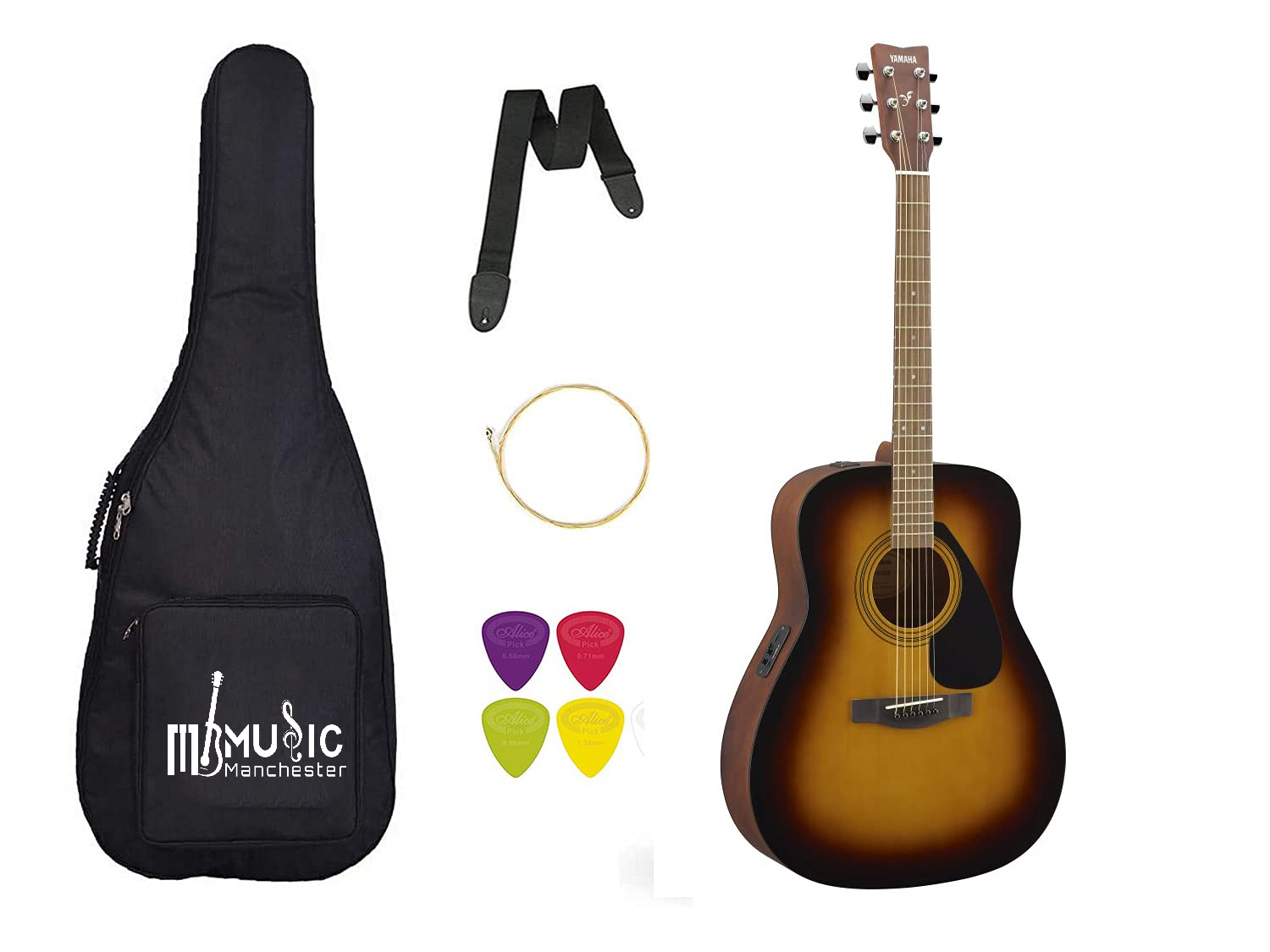Yamaha FX280 Semi acoustic Dreadnought Tobacco Sunburst Guitar with Paaded Bag Belt Plectrums and String Set - Combo Pack