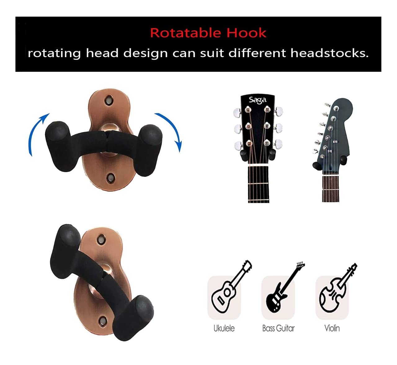 Neowood PWH-1 Bronze Guitar Wall Mount Hanger Stand with Cushion and Metal Base for Acoustic bass Electric Classical Guitar and Ukulele
