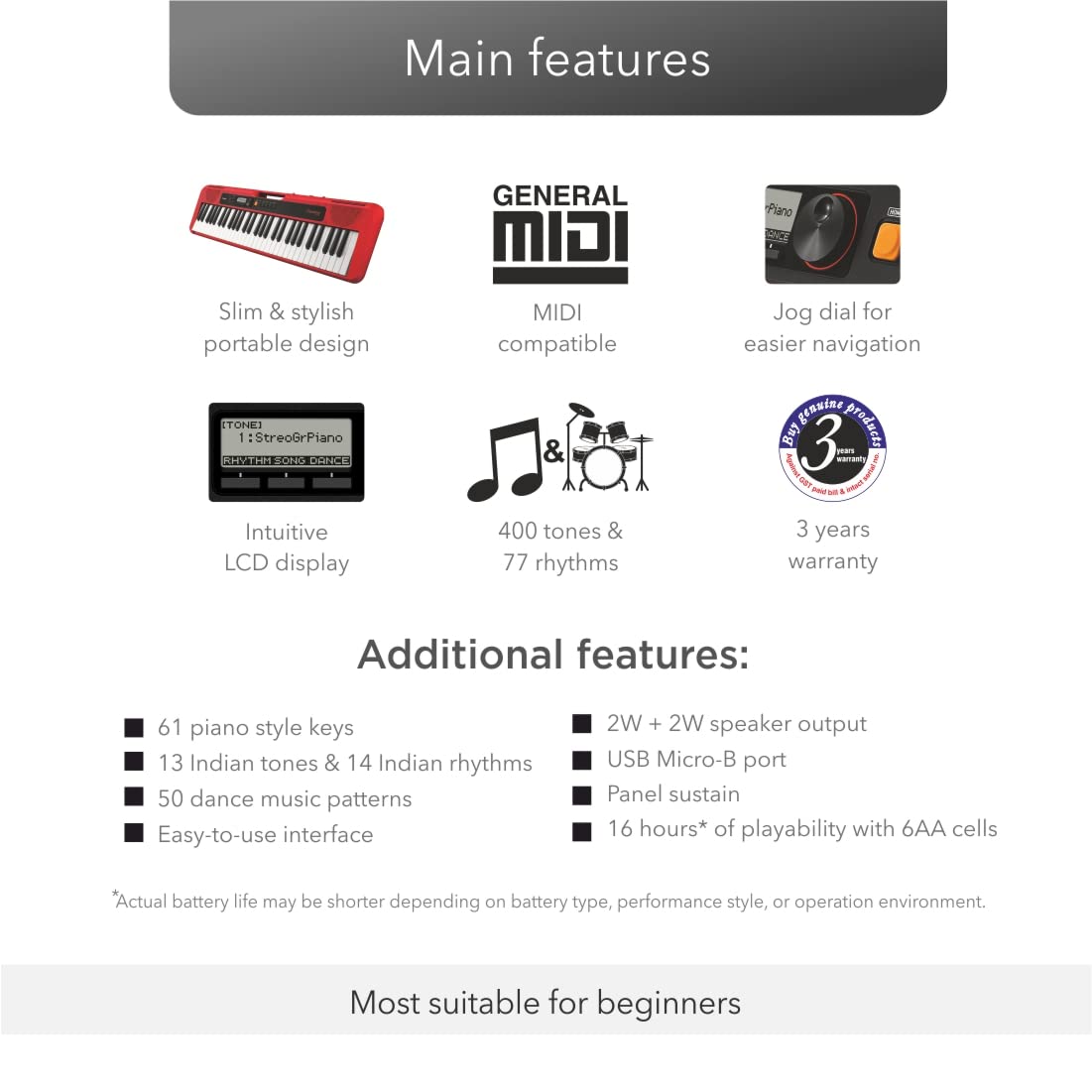 Casio CT-S200 Casiotone 61-Key Portable Keyboard with Bag Stand Dustcover Combo PackBlack