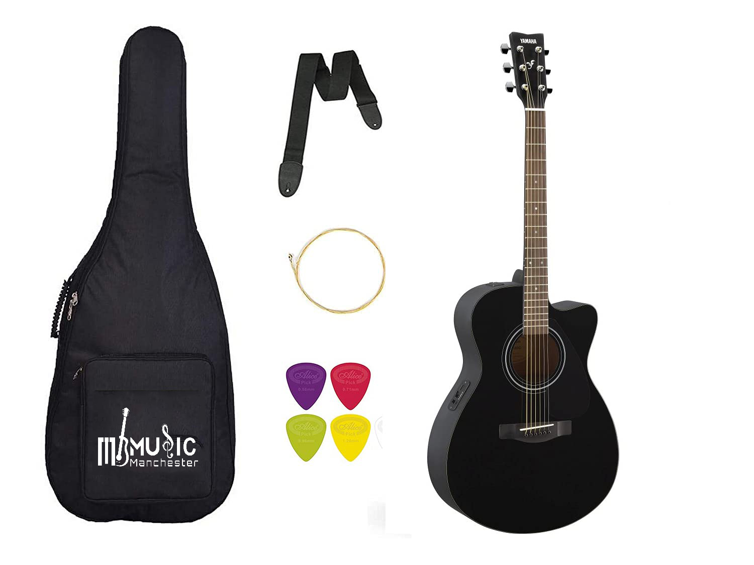 Yamaha FSX80C Semi Acoustic Black Cutaway Guitar with Padded Bag Belt Plecturms and String Set - Combo Pack