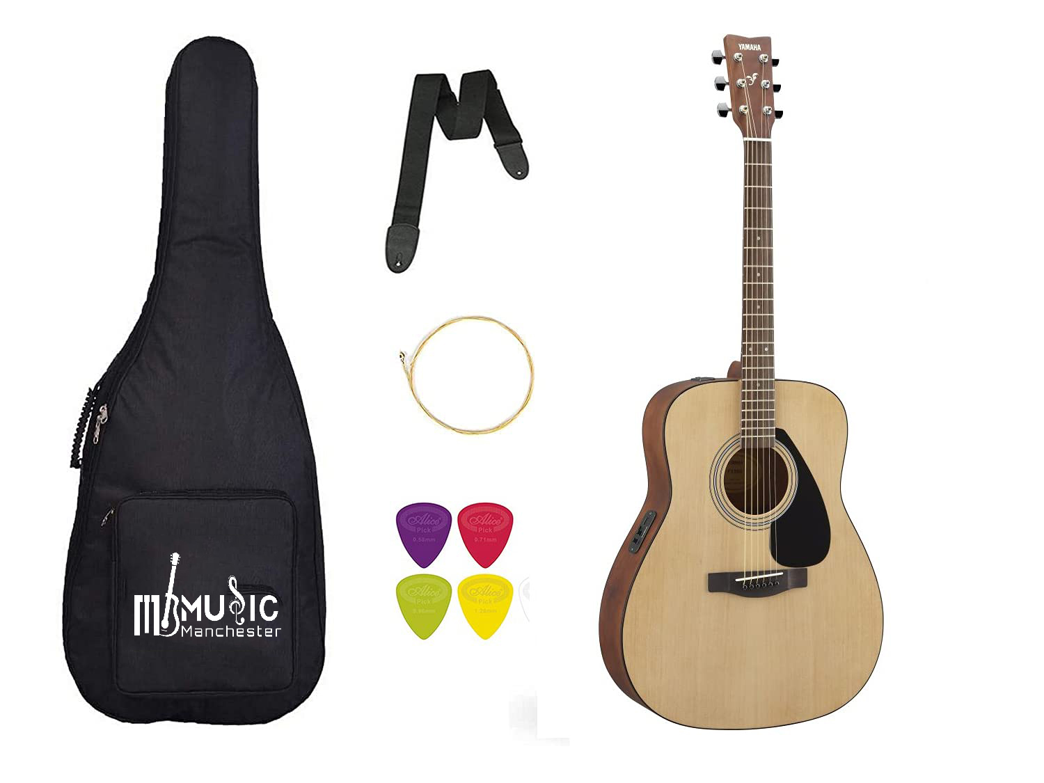 Yamaha FX280 Semi acoustic Dreadnought Natural Guitar with Paaded Bag Belt Plectrums and String Set - Combo Pack