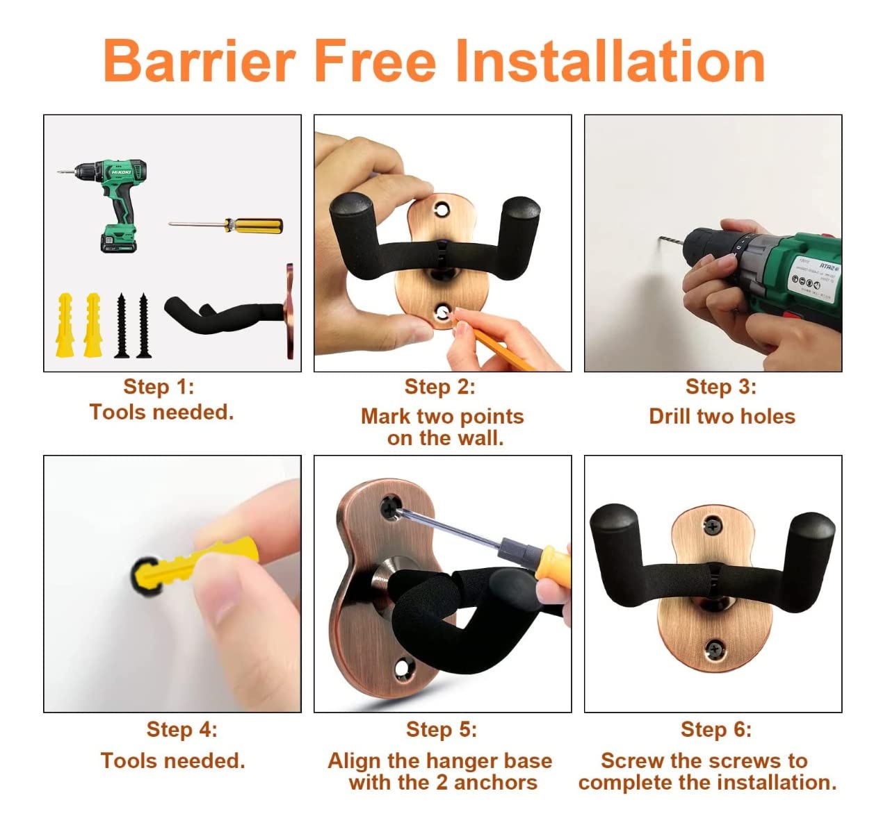 Neowood PWH-1 Bronze Guitar Wall Mount Hanger Stand with Cushion and Metal Base for Acoustic bass Electric Classical Guitar and Ukulele