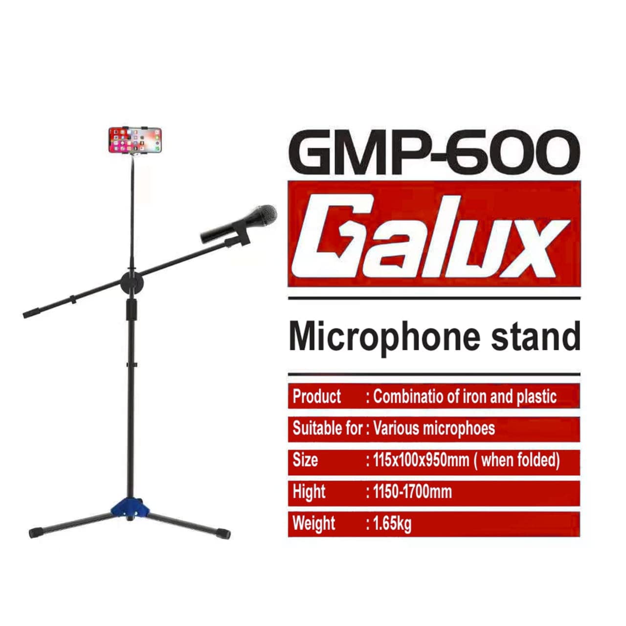 Galux GMP-600 Mic stand Heavy Duty with Mobile holder and Microphone holder Tripod base