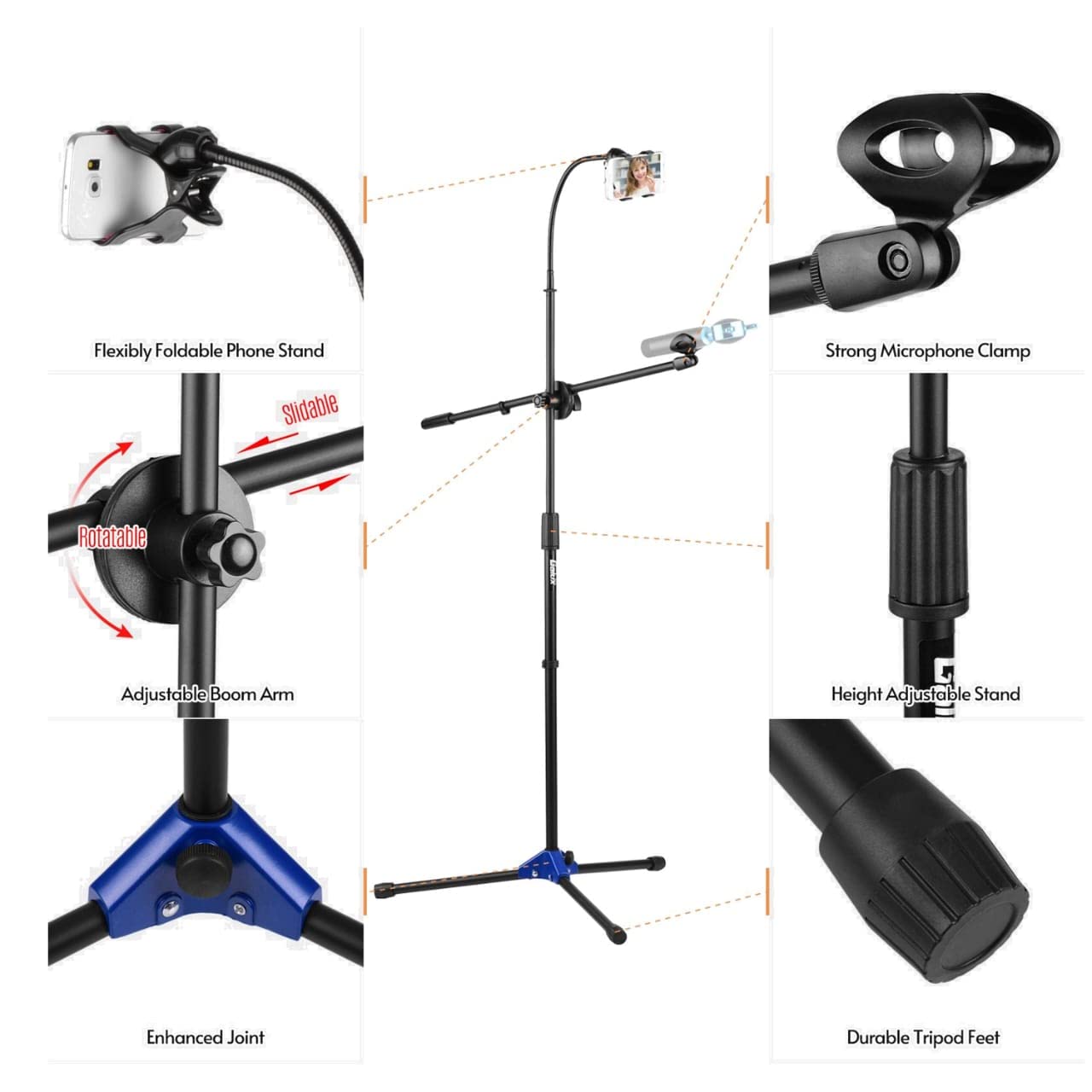 Galux GMP-600 Mic stand Heavy Duty with Mobile holder and Microphone holder Tripod base