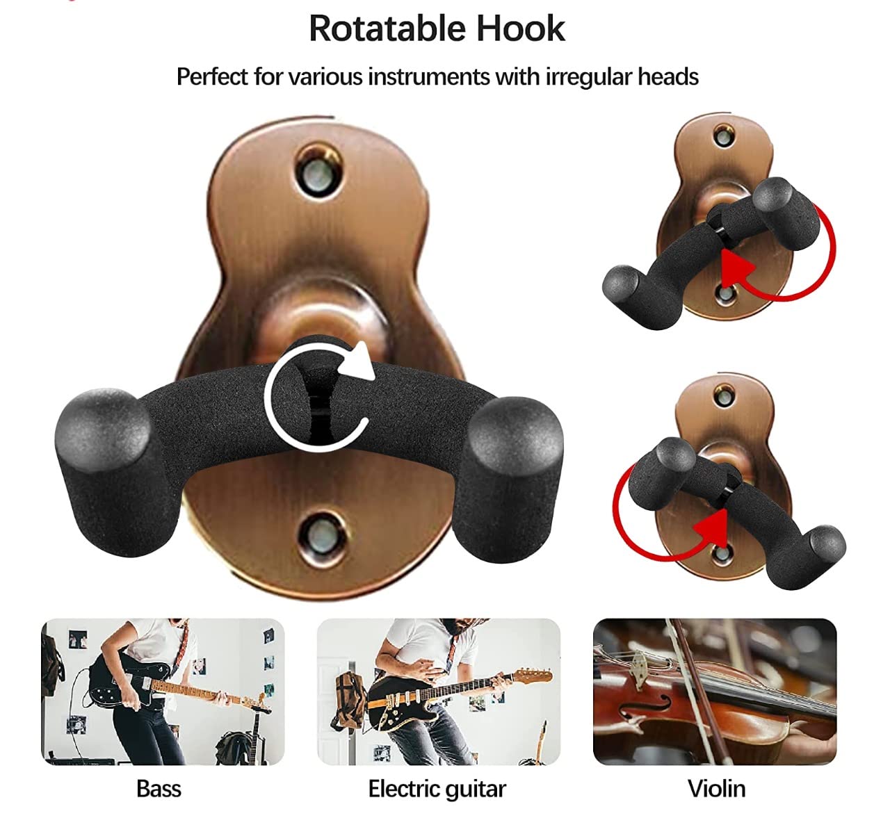 Neowood PWH-1 Bronze Guitar Wall Mount Hanger Stand with Cushion and Metal Base for Acoustic bass Electric Classical Guitar and Ukulele