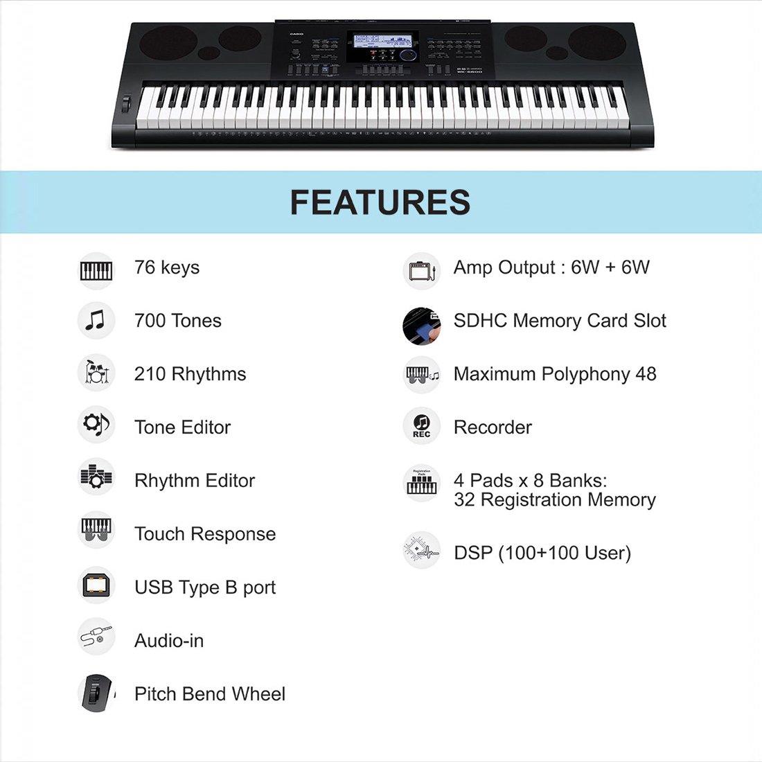 Casio WK6600 76-Key Workstation Keyboard with Power Supply and Piano tones
