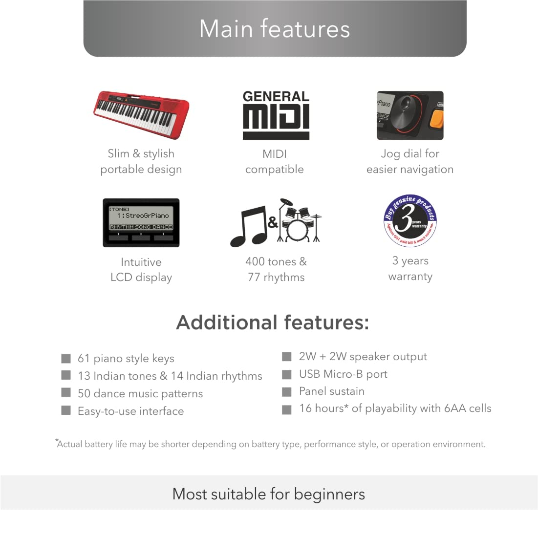 Casio CT-S200 Casiotone 61-Key Portable Keyboard with Bag Stand Dustcover Combo PackWhite