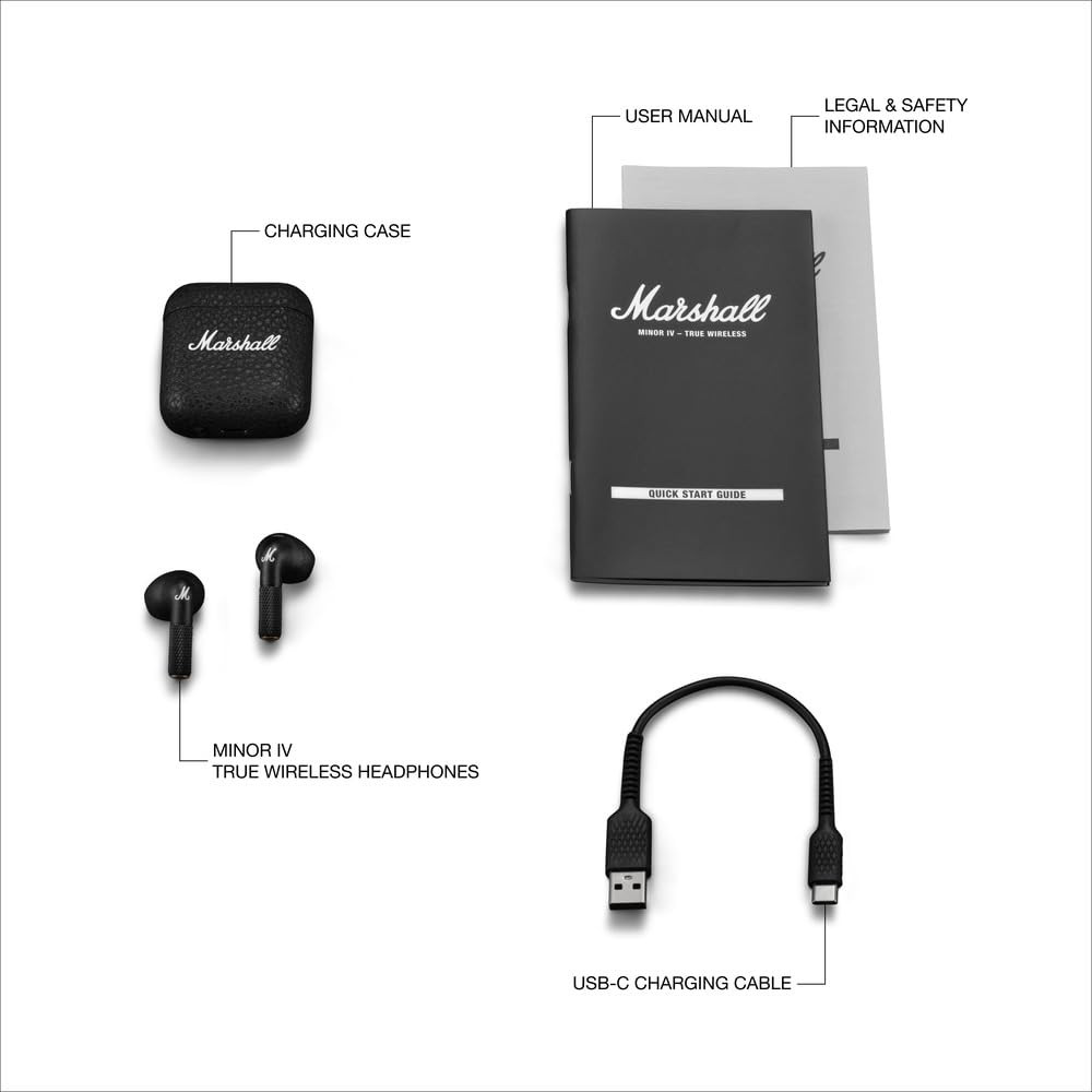 Marshall Minor Iv Wireless in Ear Earbuds with 30 Hours of Playtime Water-Resistant Wireless Charging- Black