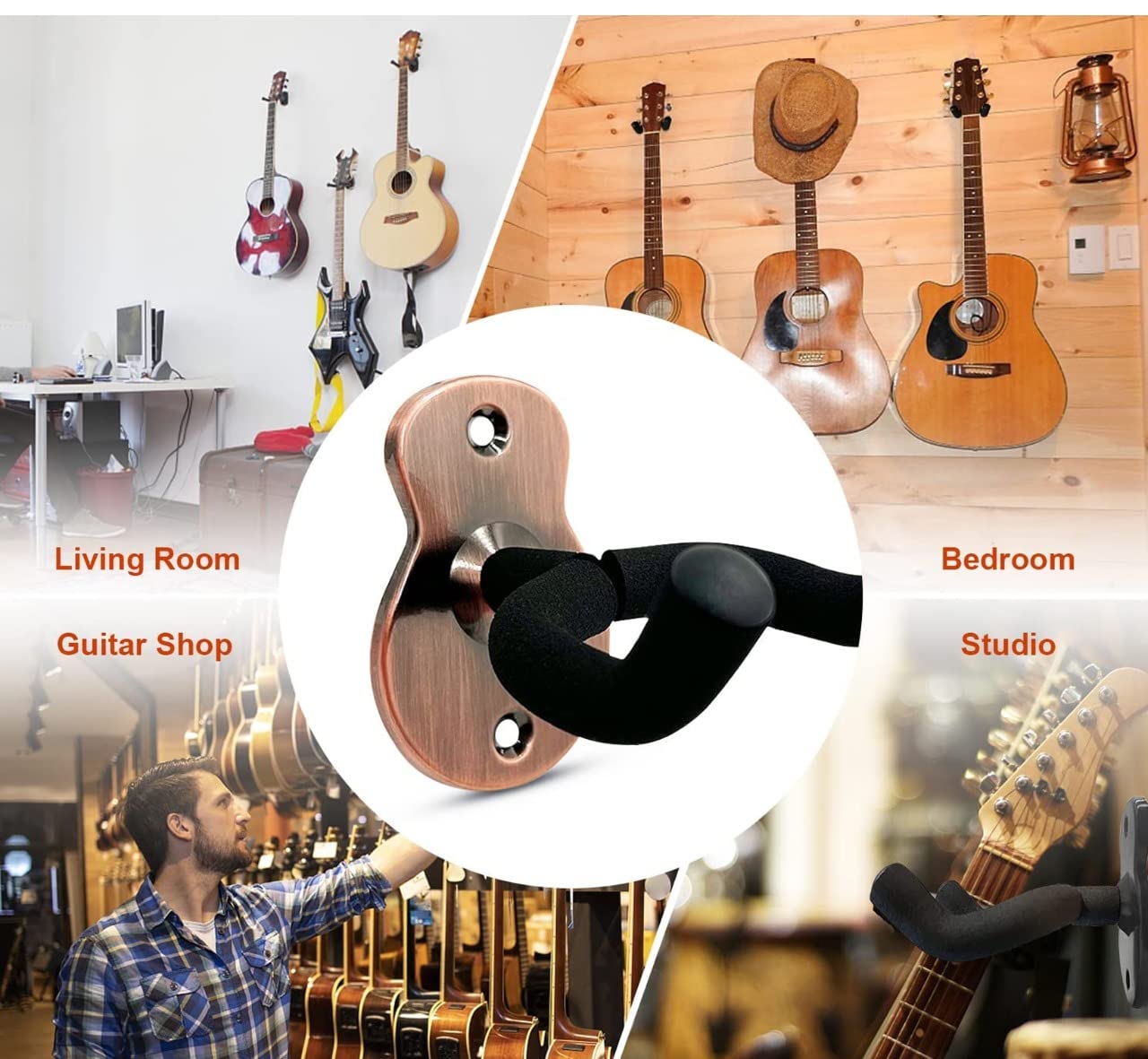 Neowood PWH-1 Bronze Guitar Wall Mount Hanger Stand with Cushion and Metal Base for Acoustic bass Electric Classical Guitar and Ukulele