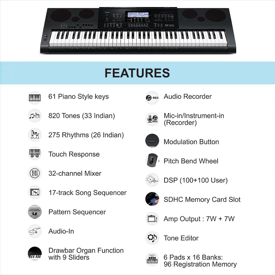 Casio WK7600 76-Key Workstation Keyboard with Power Supply and Piano tones Black