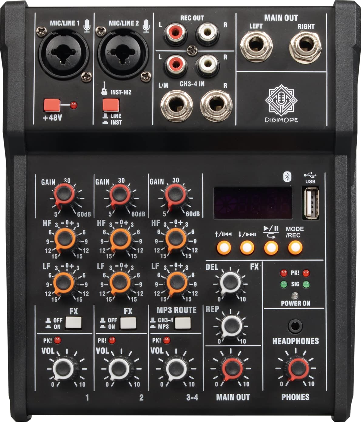 Digimore D-200 4-Channel Audio Mixer with 48V Phantom Power Sound Mixing Console Line Mixer with Sound Card USB input Bluetooth 35mm Headphone input Phone Live out for Music Production Webcast
