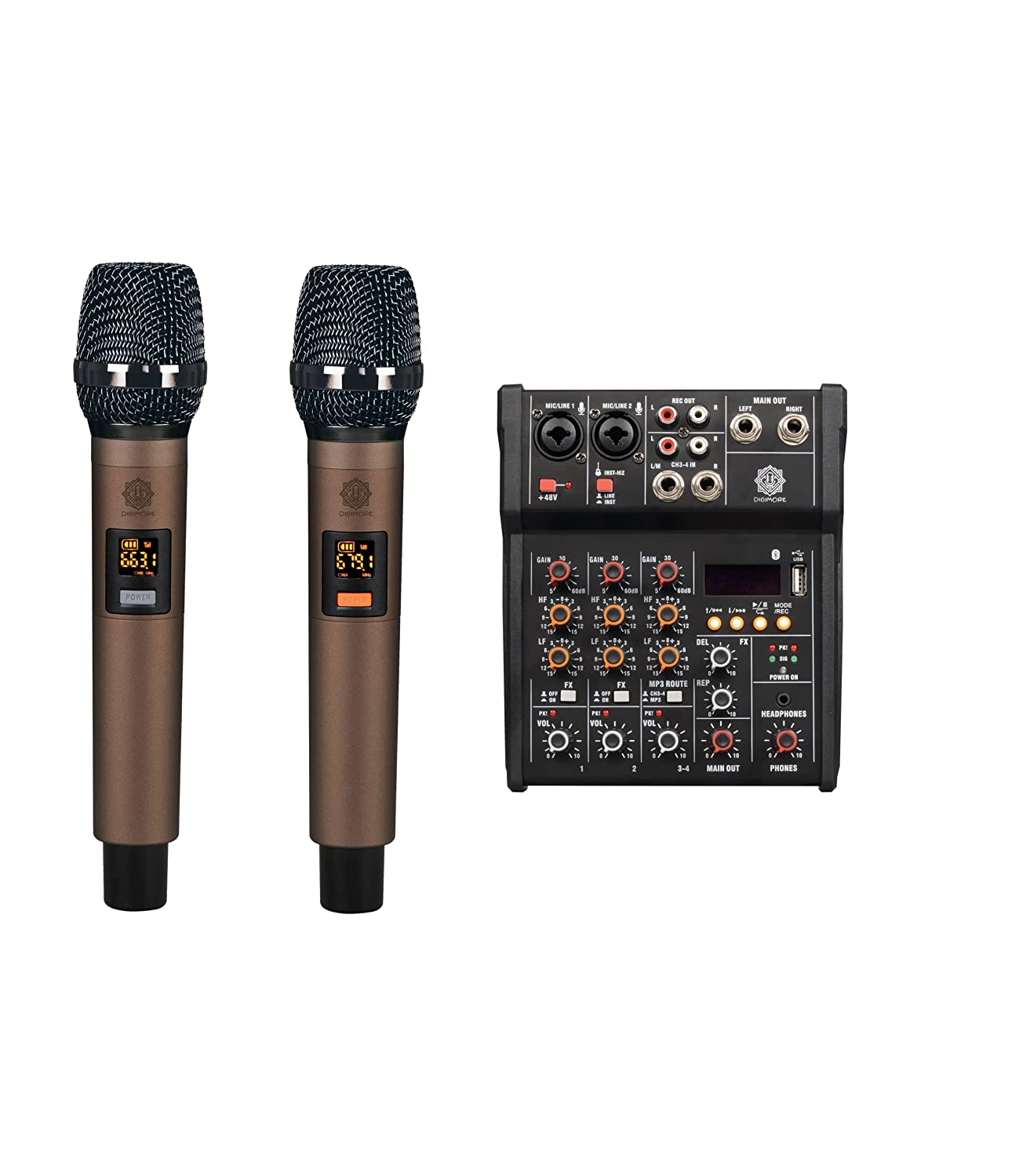 D-300 4 Channel Professional Audio Mixer With Dual Wireless Mic Sound Board Console 16 DSP Controls MP3 Bluetooth 48V Phantom Power USB Interface DJ Mixing for Home Karaoke Party Studio Recording