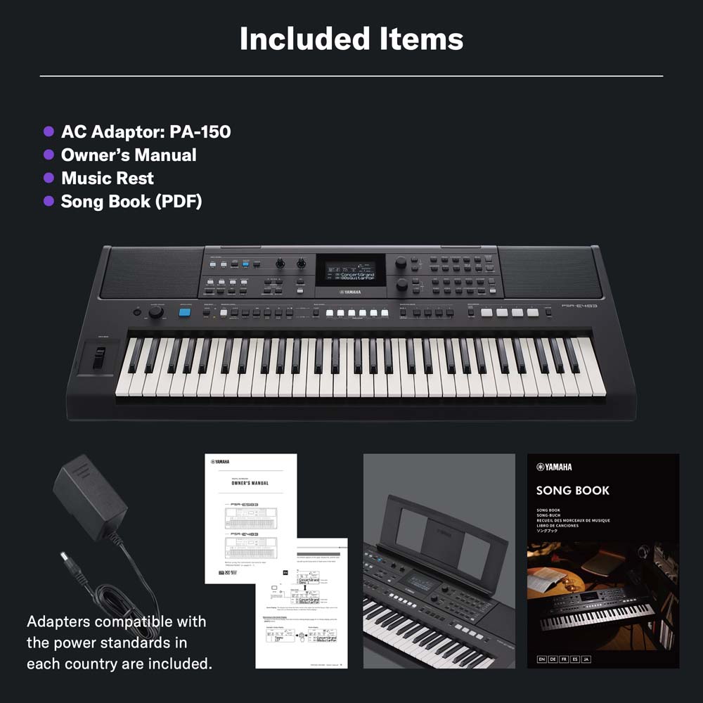 Yamaha PSR-E483 61-Key Portable Keyboard Lightweight Design Built-in Voices Styles USB Connectivity Touch Response Keys Ideal for Beginners Students Learning Home Practice