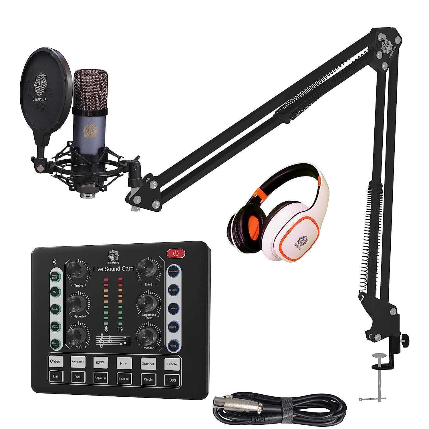 Digimore D-440 Condenser Microphone With Studio Headphone Set Live Sound Card Adjustable Suspension Scissor Arm Stand Shock Mount POP shield For Recording Singing Live Streaming Podcasting