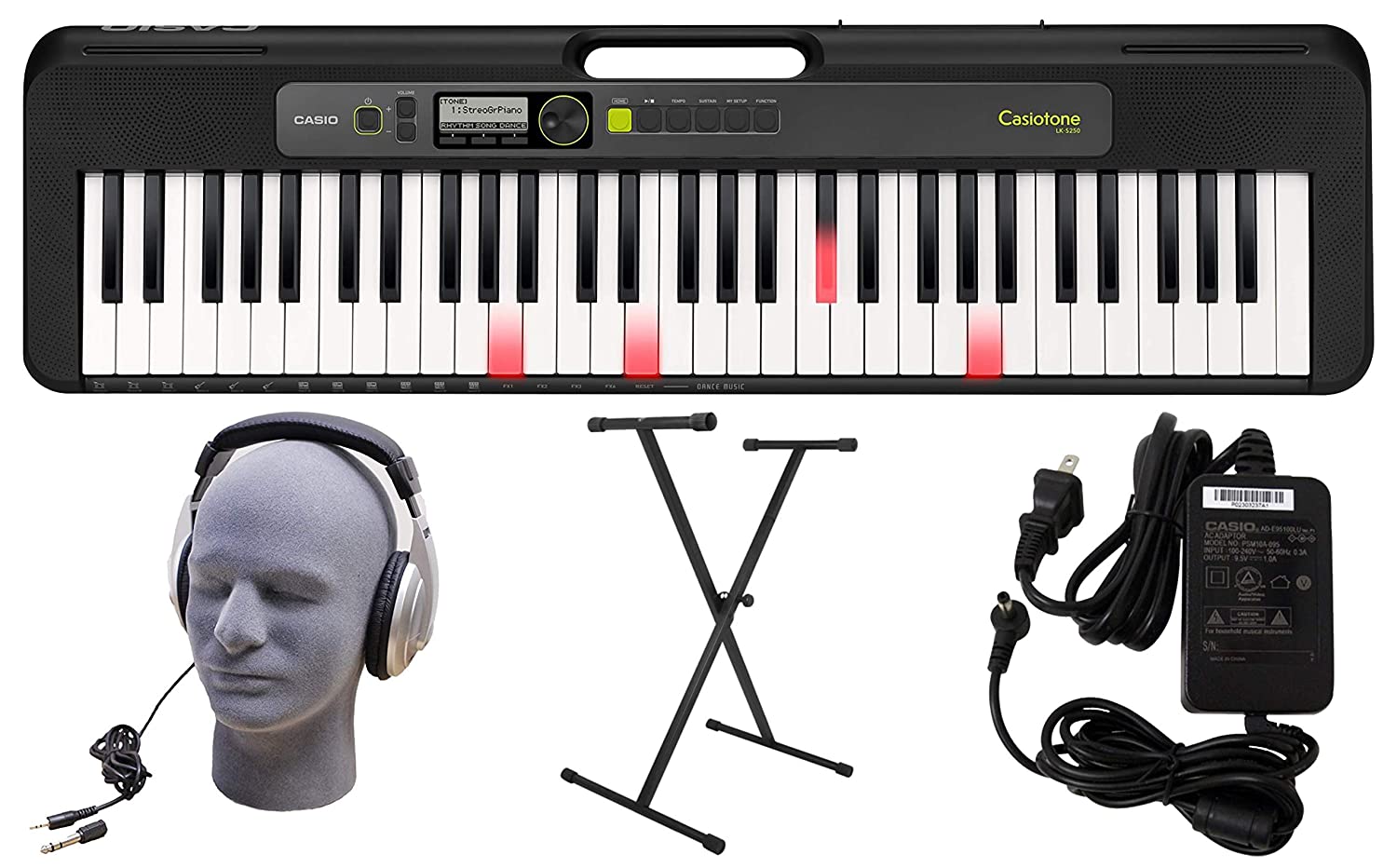 Casio LK-S250 61-Key Premium Lighted Keyboard Pack with Stand Headphones Power Supply
