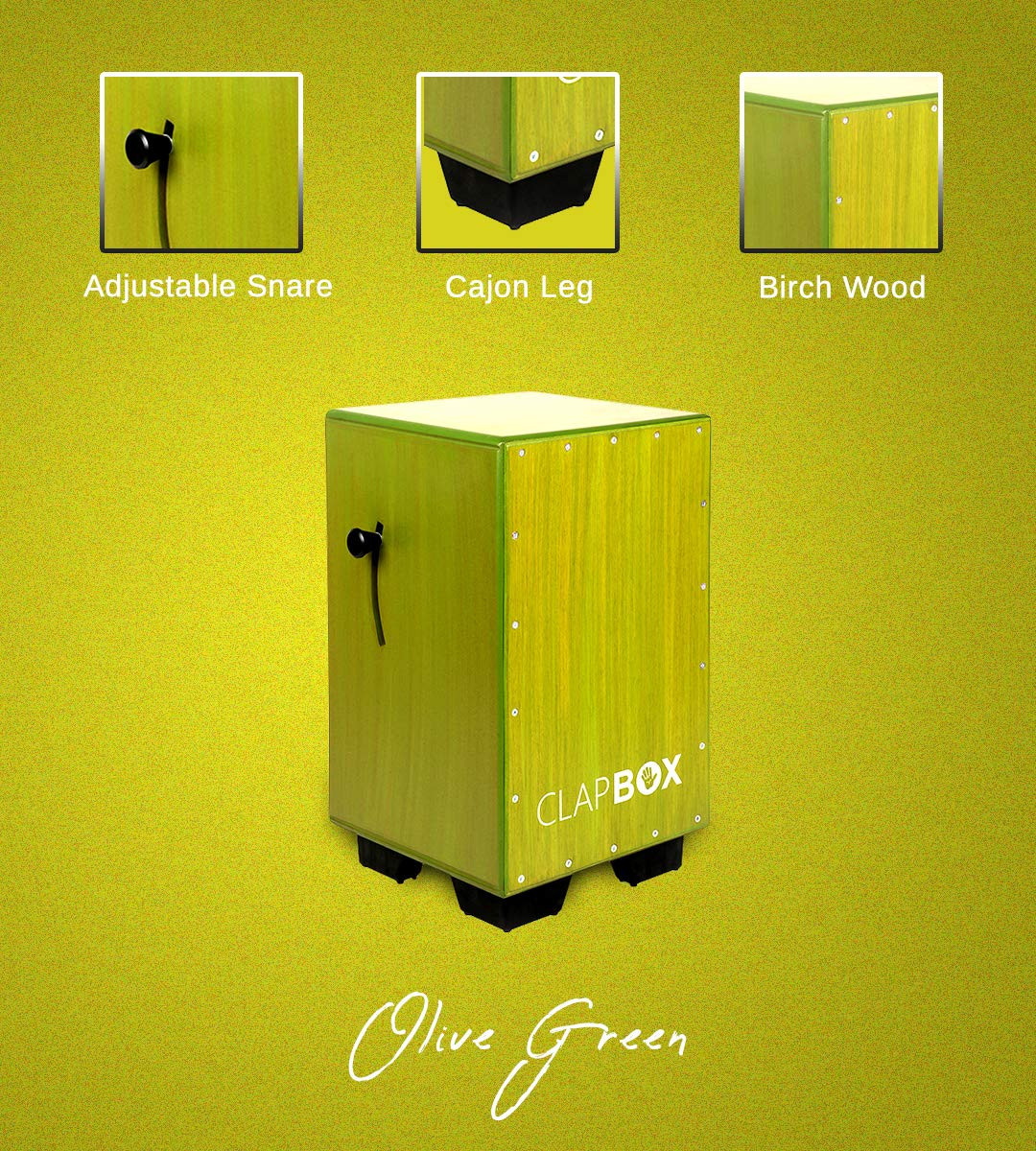 Clapbox Adjustable Snare Cajon CB40- Olive Green Birch Wood H50 W30 L30 - 3 Internal Snares