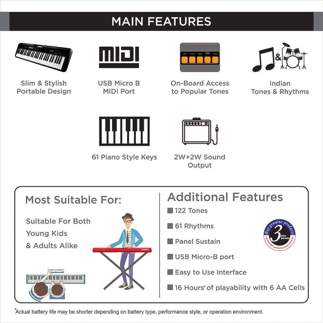 Casio CT-S100 Casiotone 61-Key Portable Keyboard Black