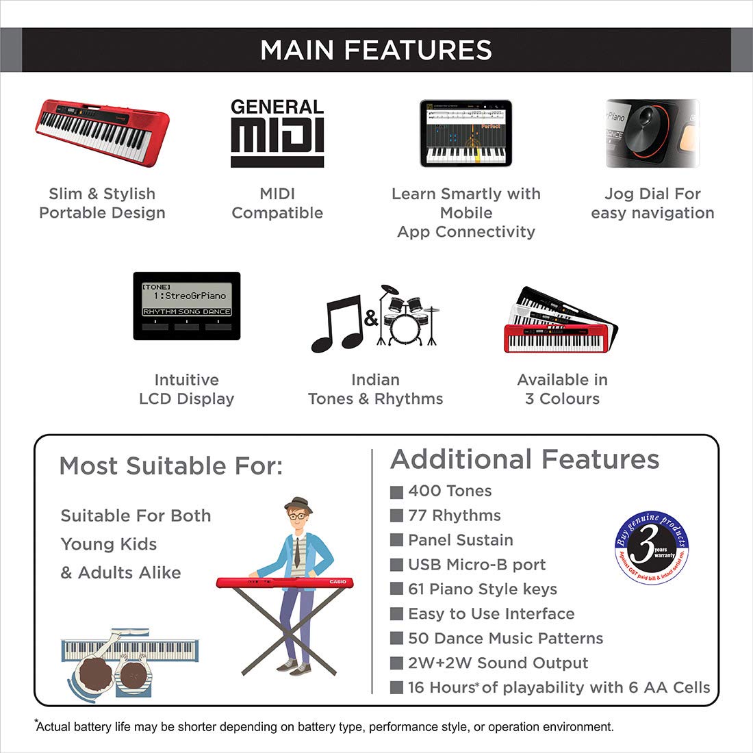 Casio CT-S200 Casiotone 61-Key Portable Keyboard Black With free adapter