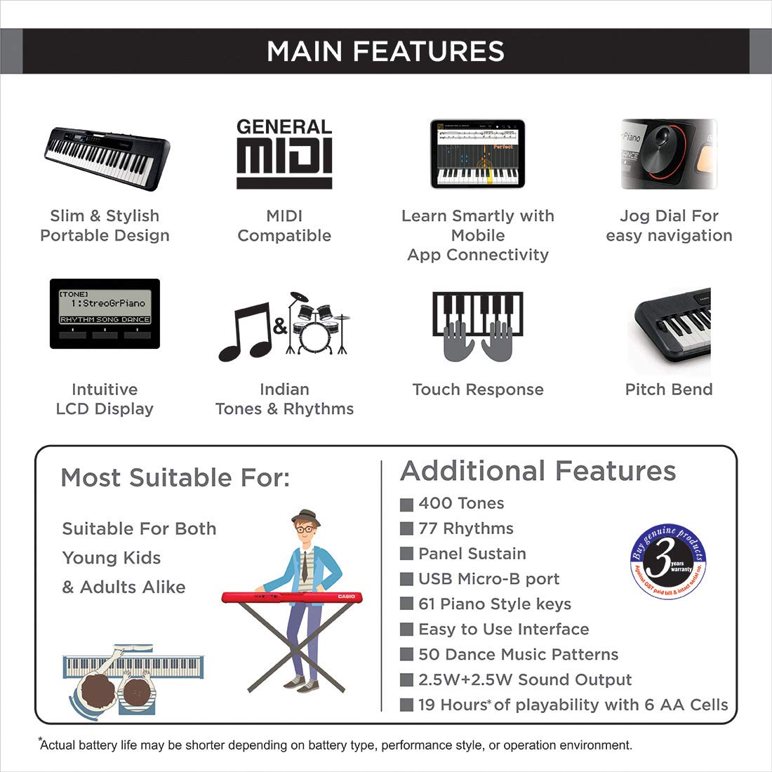 Casio CT-S300 61-Key Touch Sensitive Portable Keyboard Black With Free Adapter