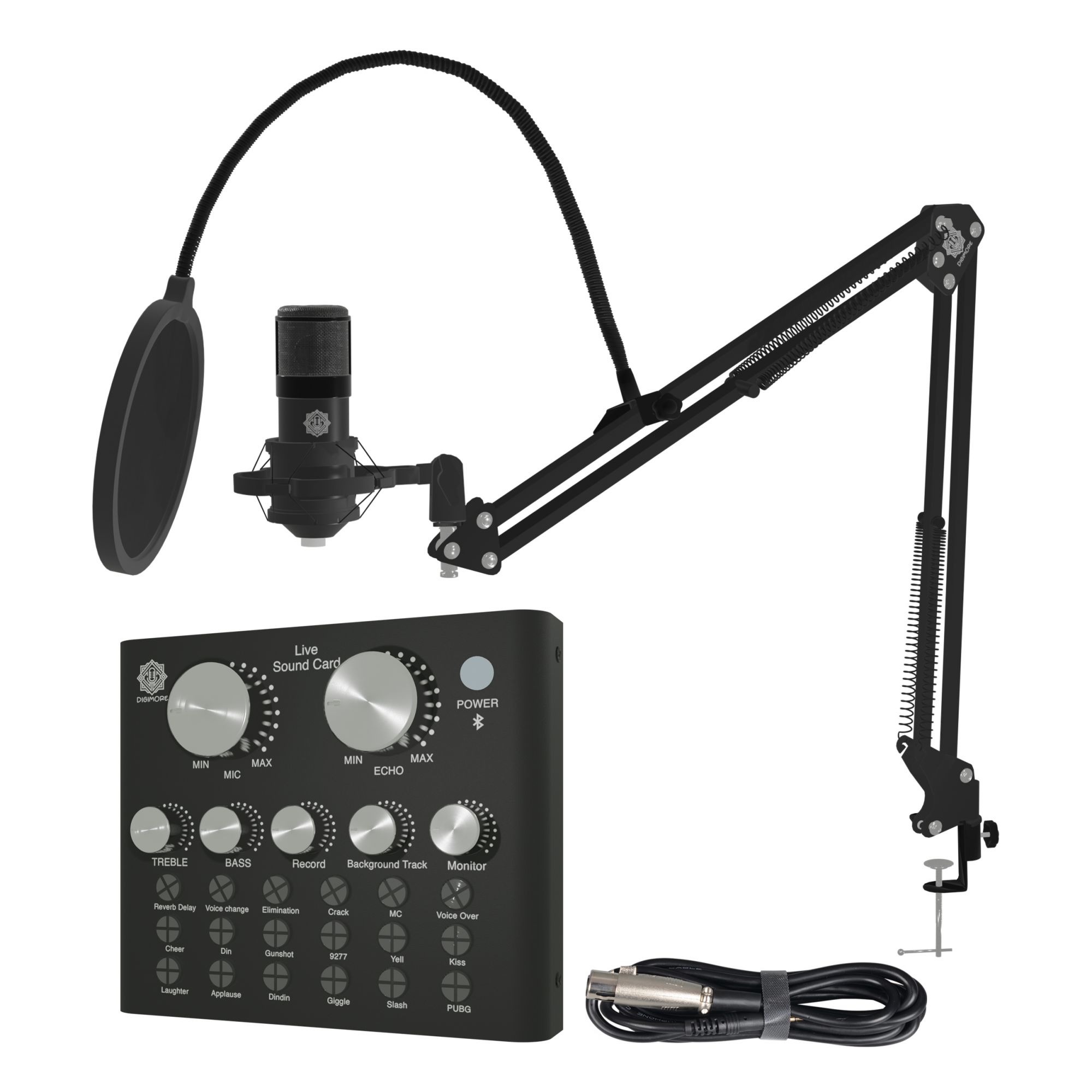Digimore D-430 Condenser Microphone Kit Podcast Equipment Bundle with V8 Sound Card Set Adjustable Scissor Arm Stand Shock Mount and POP Filter For Singing Karaoke Gaming Podcasting Recording