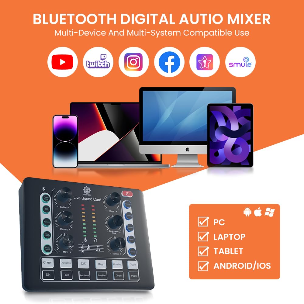 DIGIMORE D-220 Audio Mixer with DJ Mixer Live Sound Card Effects and Voice Changer Podcast Equipment Bundle Stereo Audio Interface Studio Streaming Prefect for Live StreamingPodcastingGaming