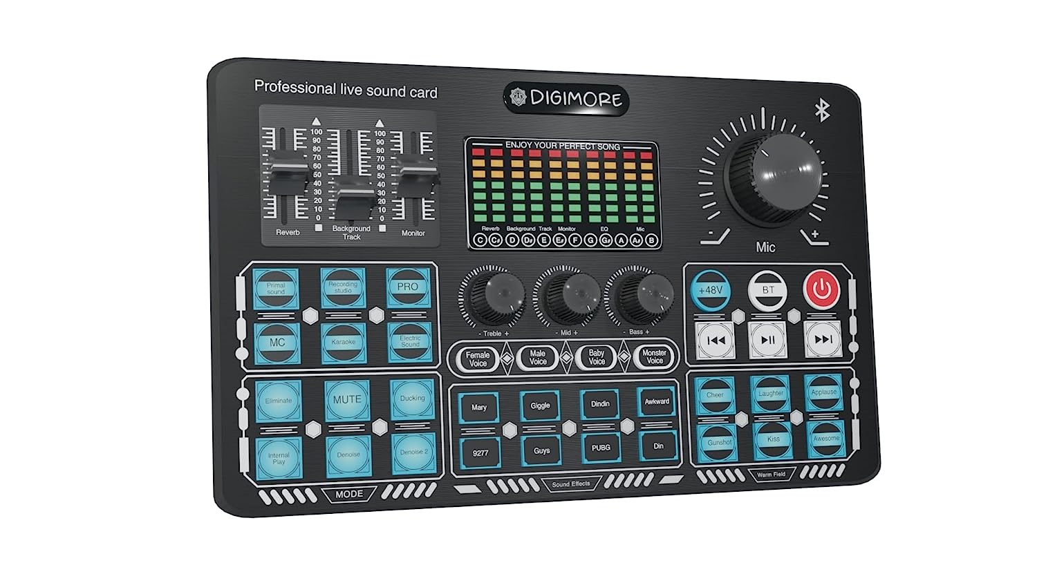 Digimore D-210 Podcast Live Sound Card Mixer Audio Interface Streaming Console with Bluetooth 48V Phantom Power Supply 32bit Effective DSP 3 Mics 2 Phones 1 Computer all Together Upto 8 Hrs Battery For Streaming Karaoke Home Rec