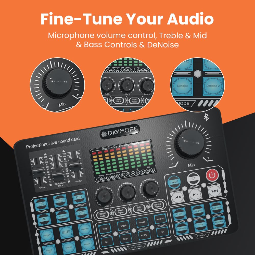 Digimore D-210 Podcast Live Sound Card Mixer Audio Interface Streaming Console with Bluetooth 48V Phantom Power Supply 32bit Effective DSP 3 Mics 2 Phones 1 Computer all Together Upto 8 Hrs Battery For Streaming Karaoke Home Rec