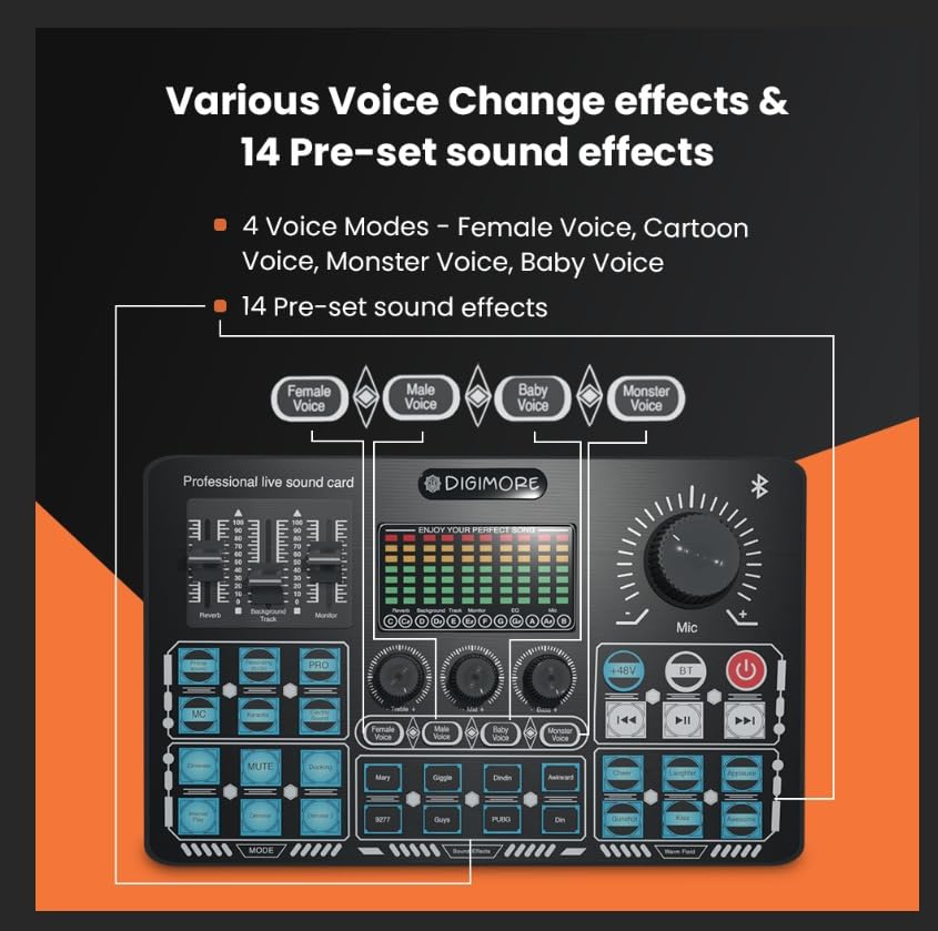 Digimore D-210 Podcast Live Sound Card Mixer Audio Interface Streaming Console with Bluetooth 48V Phantom Power Supply 32bit Effective DSP 3 Mics 2 Phones 1 Computer all Together Upto 8 Hrs Battery For Streaming Karaoke Home Rec