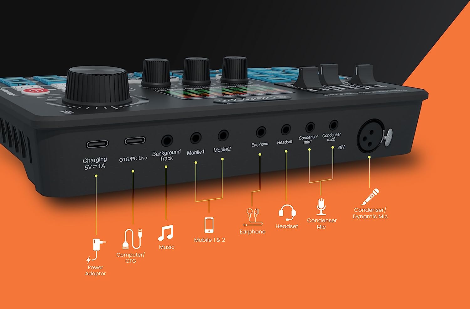 Digimore D-210 Podcast Live Sound Card Mixer Audio Interface Streaming Console with Bluetooth 48V Phantom Power Supply 32bit Effective DSP 3 Mics 2 Phones 1 Computer all Together Upto 8 Hrs Battery For Streaming Karaoke Home Rec