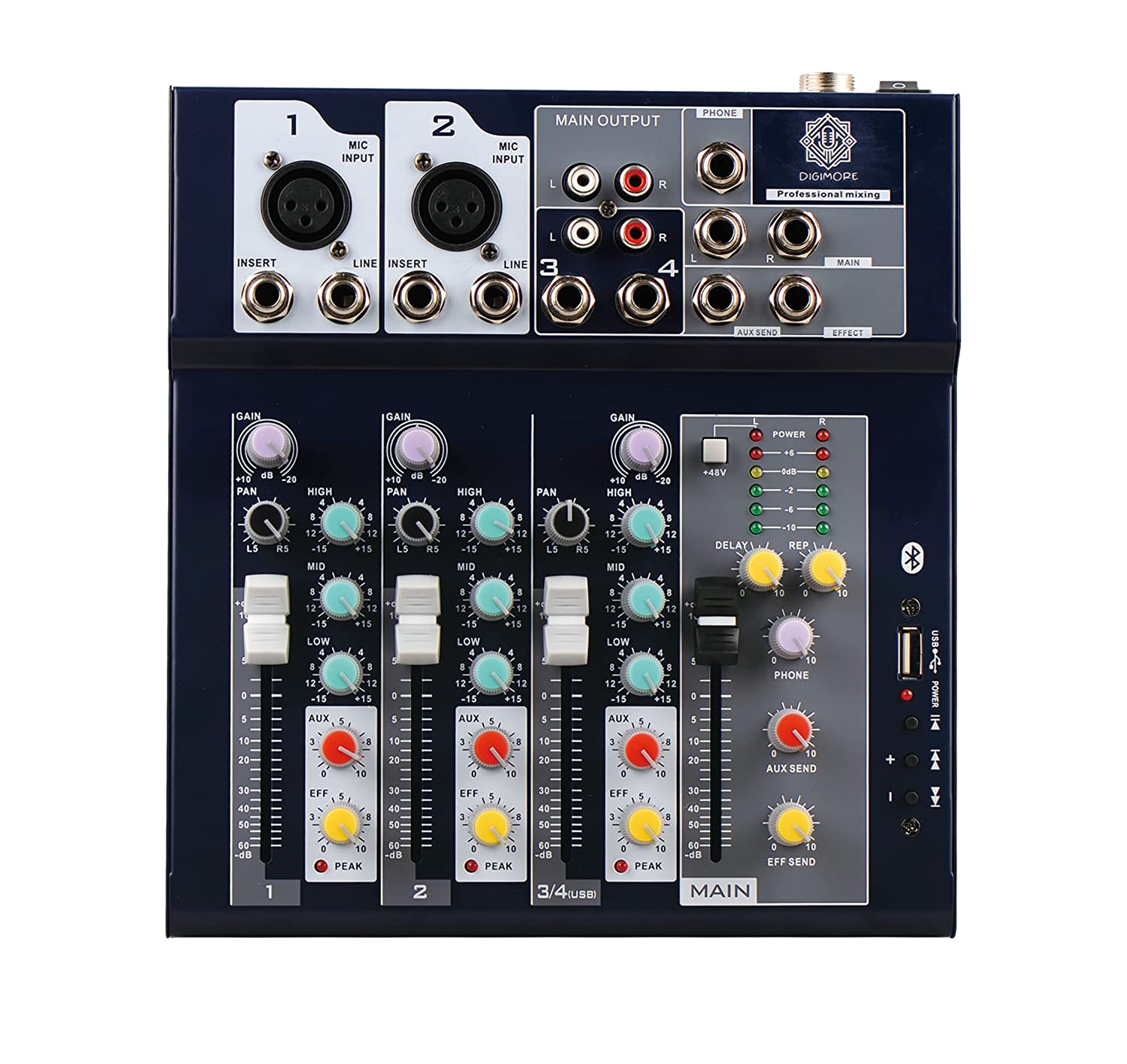 DIGIMORE D-250 Professional Audio Mixer 4-Channel Mixing Console with USB Audio Interface Stereo Equalizer 16 DSP Effects Ideal for Stage Live Gigs and Karaoke