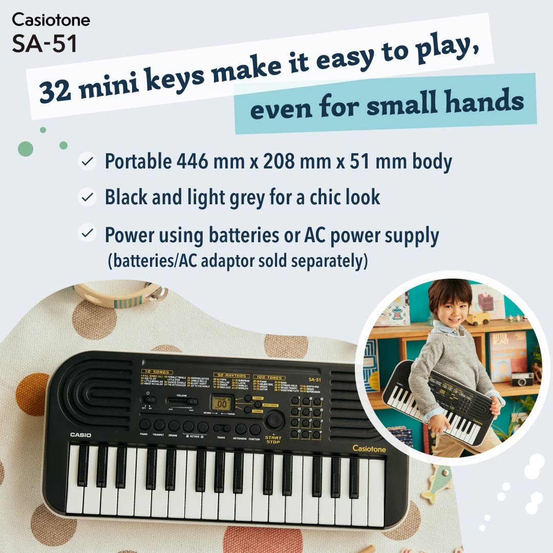 Casiotone Mini Keyboard SA-51 with Piano tones Black with Adapter and Padded Bag