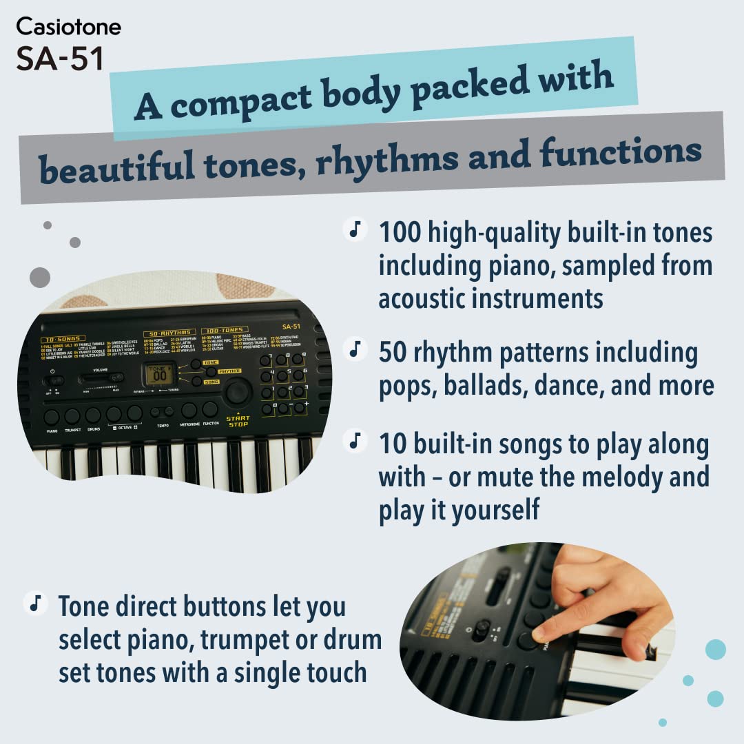 Casiotone Mini Keyboard SA-51 with Piano tones Black with Adapter and Padded Bag