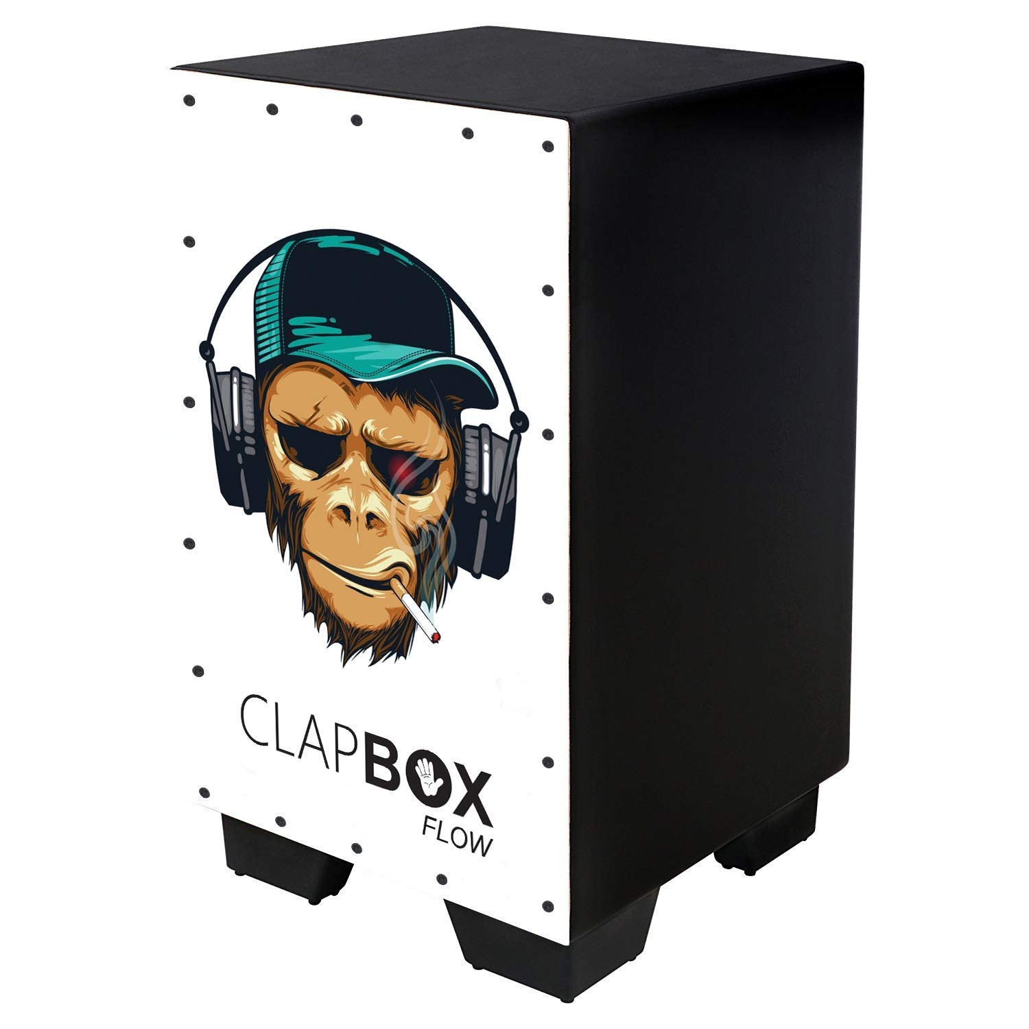 Clapbox Flow Graphic Cajon- Walnut wood H50 W30 L30 - 3 Internal Snares Black Disco Smoking Monkey