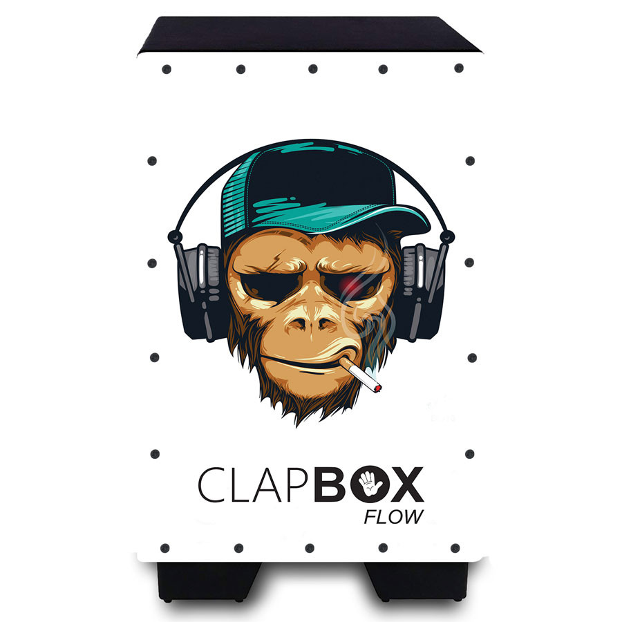 Clapbox Flow Graphic Cajon- Walnut wood H50 W30 L30 - 3 Internal Snares Black Disco Smoking Monkey