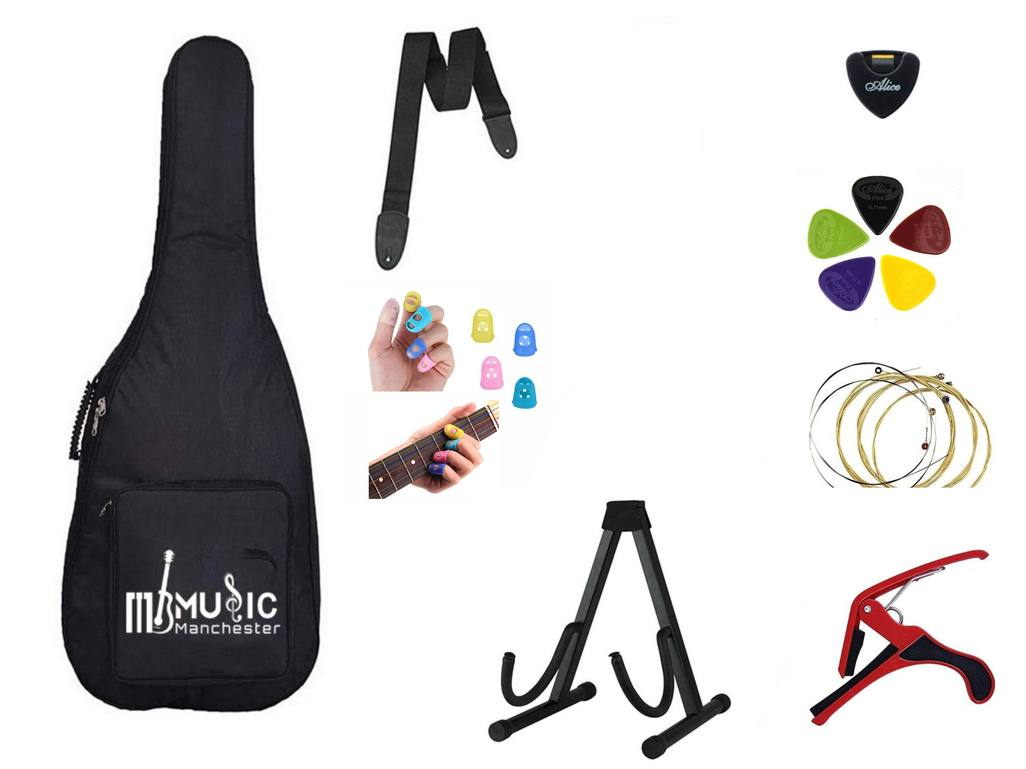 Music Manchester 8pc Guitar Accessories Combo Pack With Padded Bag Plectrums Belt Stand Plectrum Holder Capo String set and Finger Guard