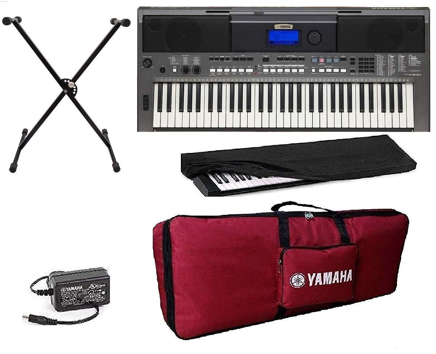Yamaha keyboard PSR-I400 61-keys digital touch sensitive keyboard with red gig bag stand dust cover adapter combo pack