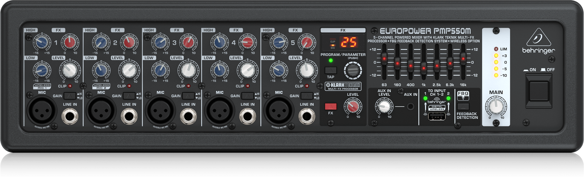 Behringer EUROPOWER PMP550M 500W 5-Channel Powered Mixer with Klark Teknik Multi-FX Processor FBQ Feedback Detection System and Wireless Option