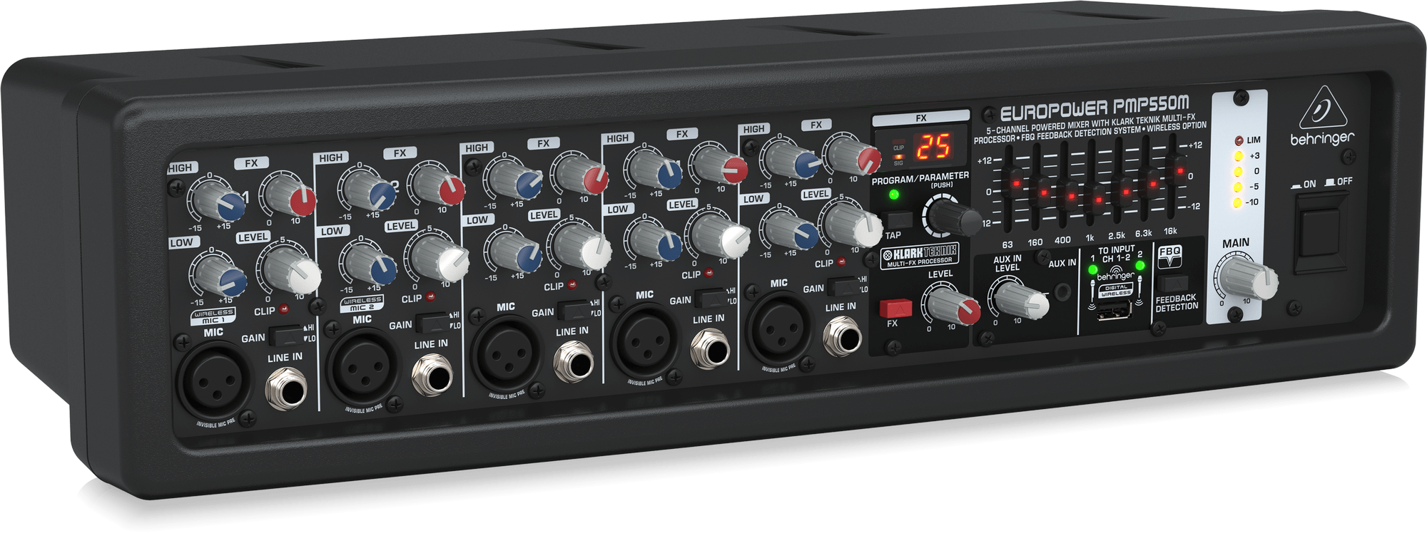 Behringer EUROPOWER PMP550M 500W 5-Channel Powered Mixer with Klark Teknik Multi-FX Processor FBQ Feedback Detection System and Wireless Option