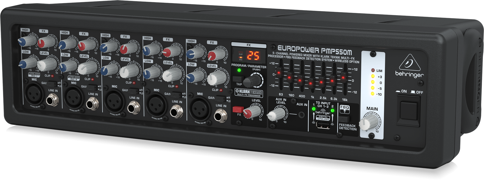 Behringer EUROPOWER PMP550M 500W 5-Channel Powered Mixer with Klark Teknik Multi-FX Processor FBQ Feedback Detection System and Wireless Option