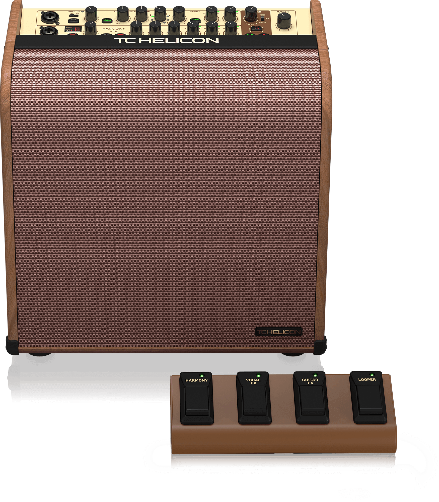 TC Helican HARMONY V100 100W 2-Channel Acoustic Amplifier with Vocal Processing Looper Tannoy Dual Concentric Speaker and 4-Button Footswitch