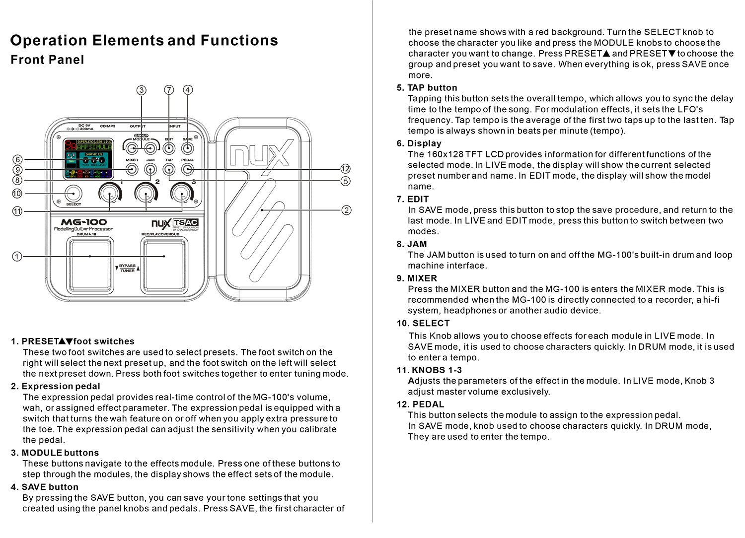 NUX MG-100 Electric Guitar Multi-Effects Pedal Processor EFX AMP EQ Mixer