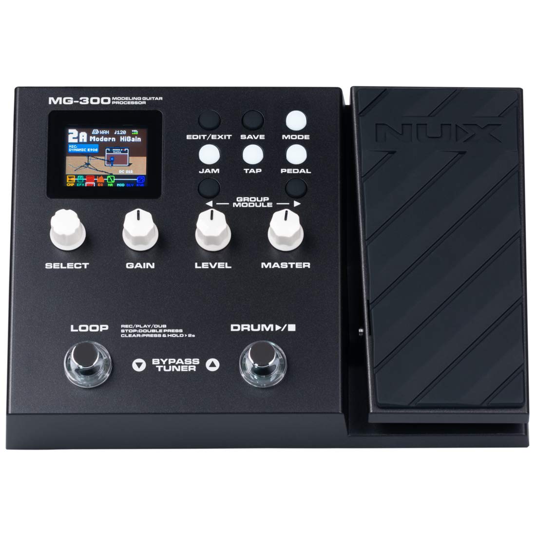 NUX MG-300 Multi Effects Pedal TSAC-HD Pre-EffectsAmp Modeling algorithmCORE-IMAGE Post-EffectsIR56 drum beats60 seconds Phrase Loop