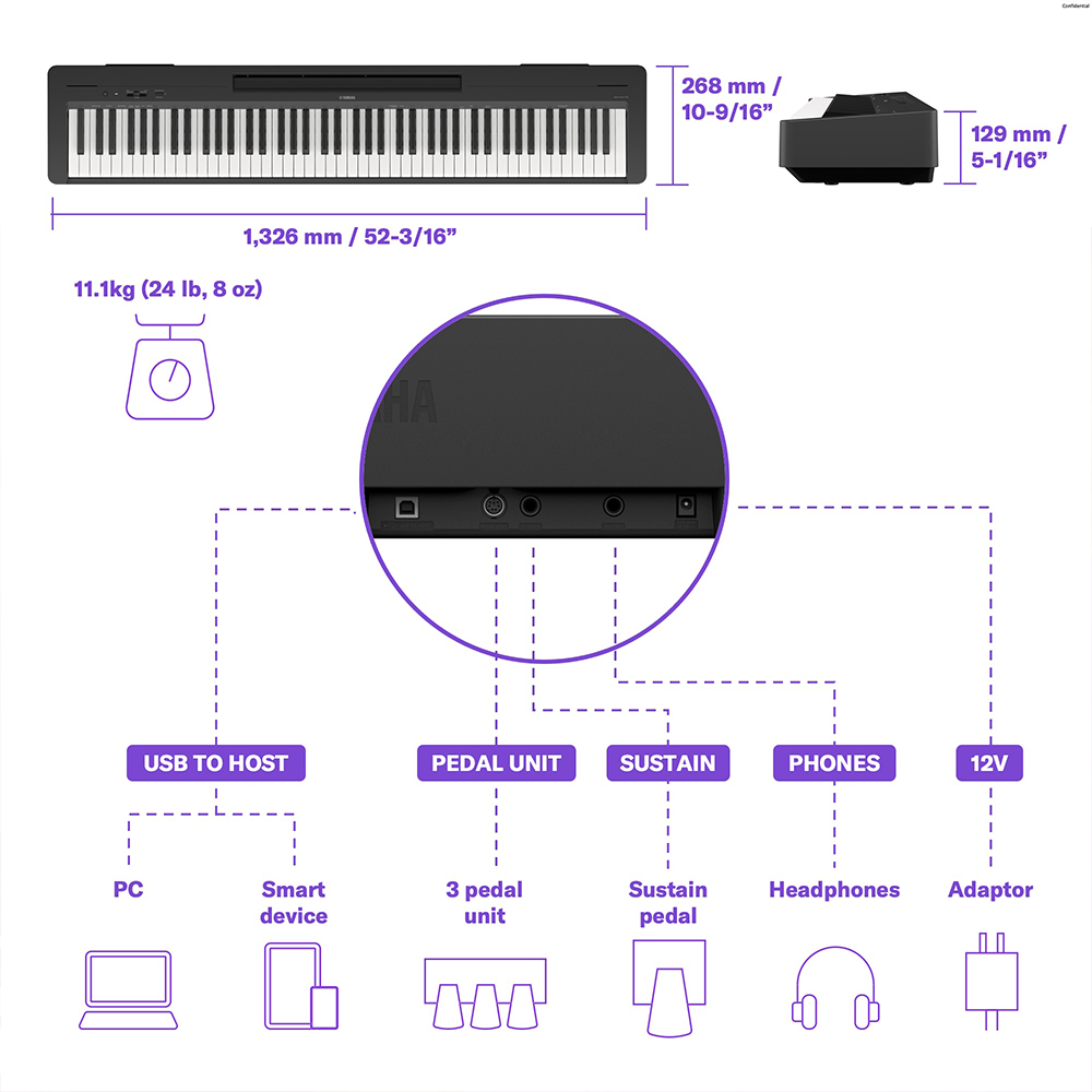 Yamaha P-145BT Digital Piano 88 Keys Black Built-in Bluetooth Audio Function Compact Lightweight Design Realistic Touch Sound for Practice Performance