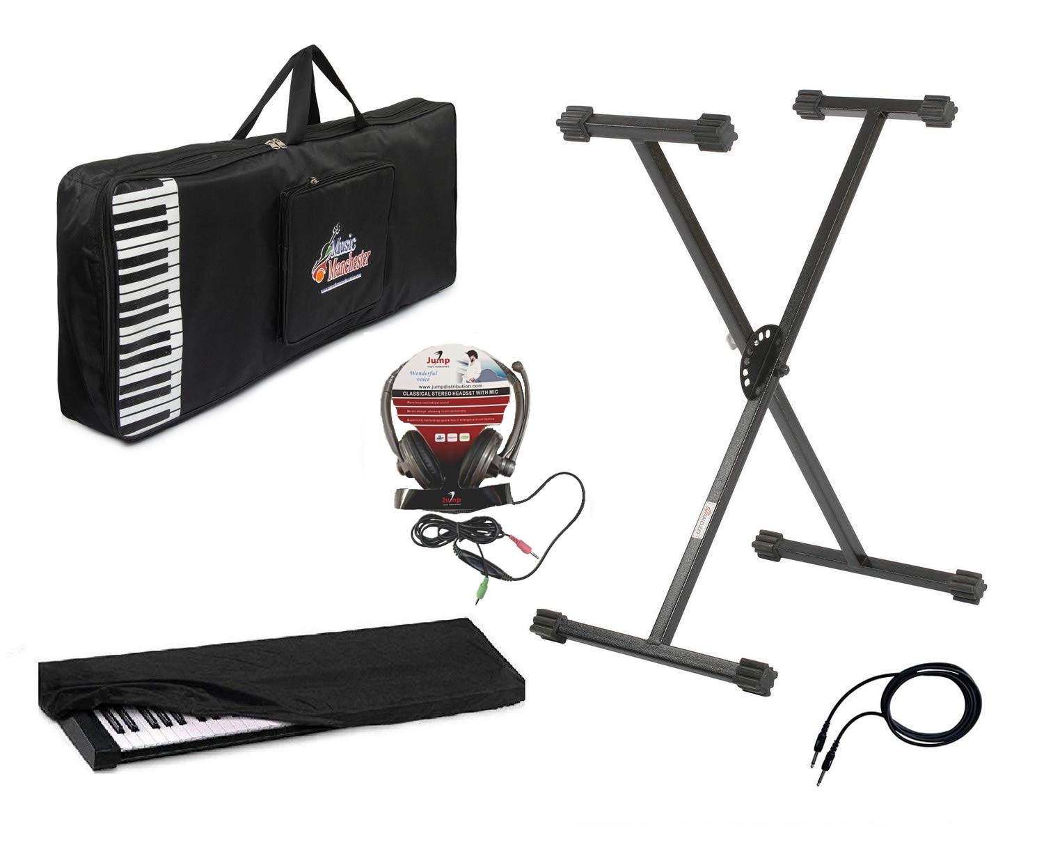 Padded Quality Keyboard Bag With Heavy Duty Keyboard Stand Black and Dust Cover Headphone Jack to Jack Cable for Casio PSR I500 I400 463 373 Keyboards