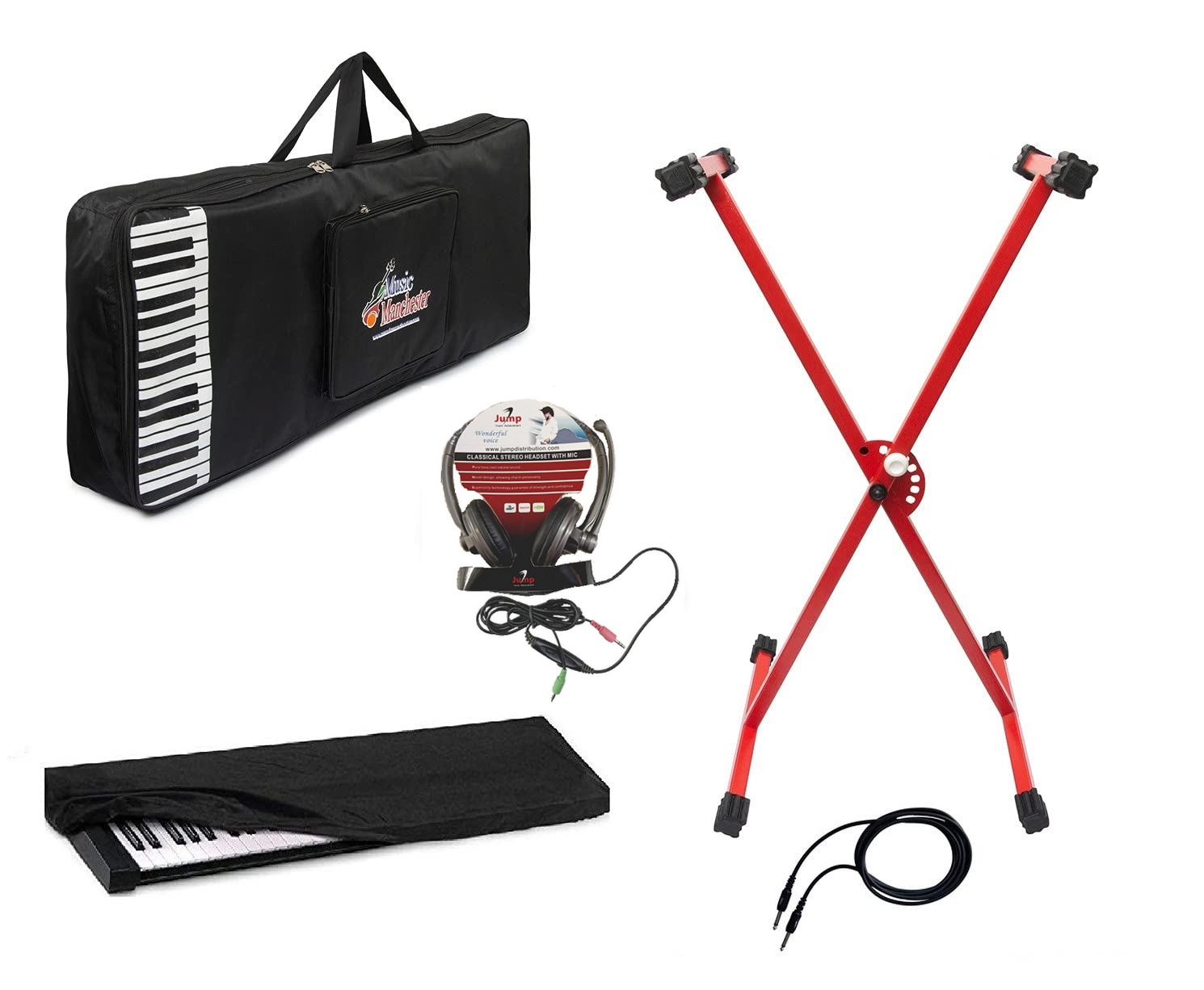 Padded Quality Keyboard Bag With Heavy Duty Keyboard Stand Red and Dust Cover Headphone Jack to Jack Cable for Yamaha PSR I500 I400 463 373 Keyboards