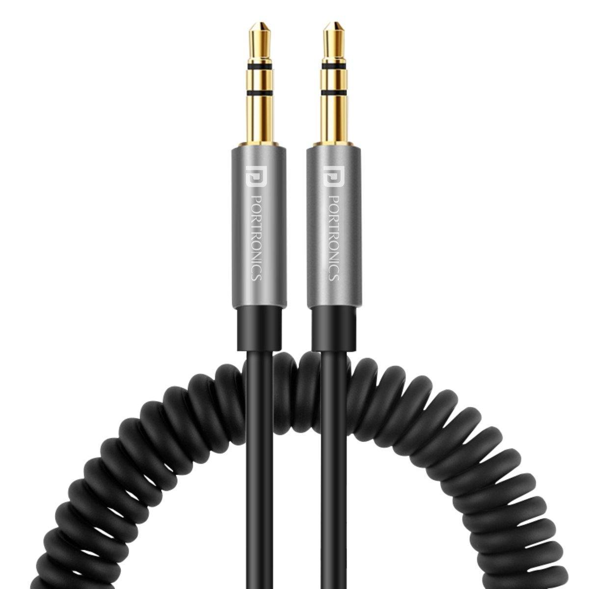 Portronics Konnect Aux 6- 15 Meter Long 35 mm Spiral Cable Black
