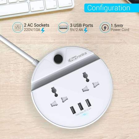 Portronics Power Bun with 3 USB 2 AC Plugs a Surge Protector