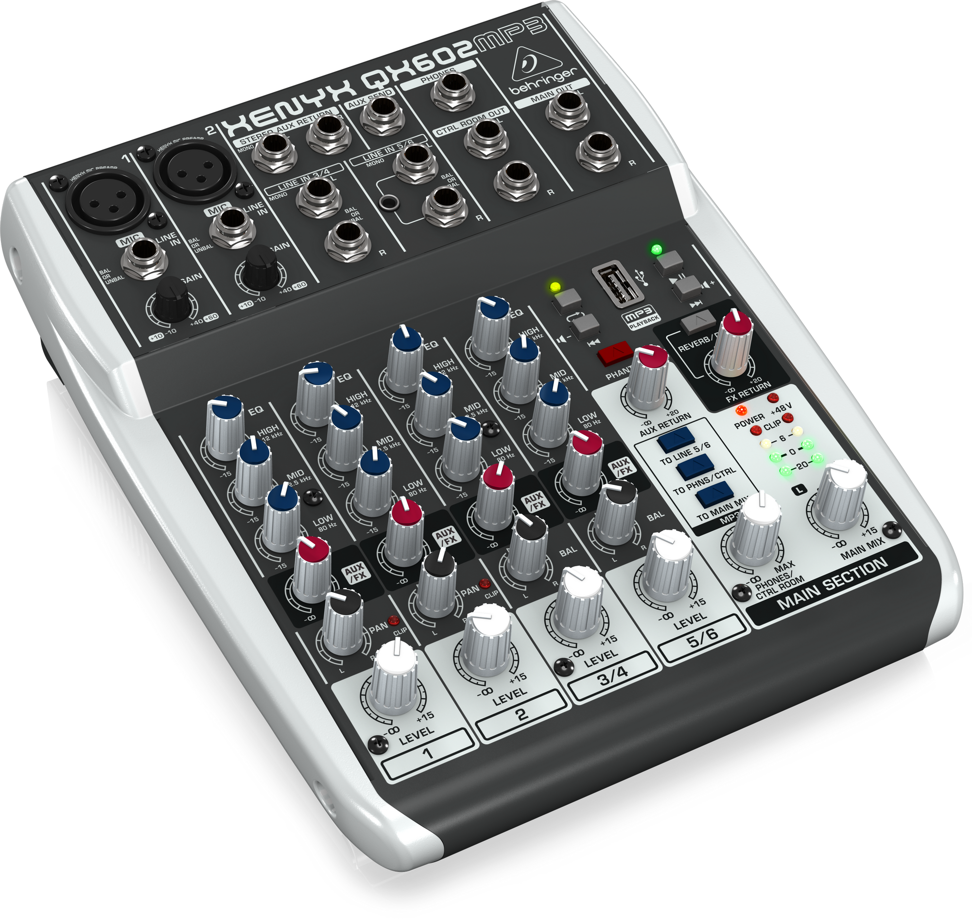 Behringer XENYX QX602MP3 Premium 6-Input 2-Bus Mixer with XENYX Mic Preamps British EQ MP3 Player and Multi-FX