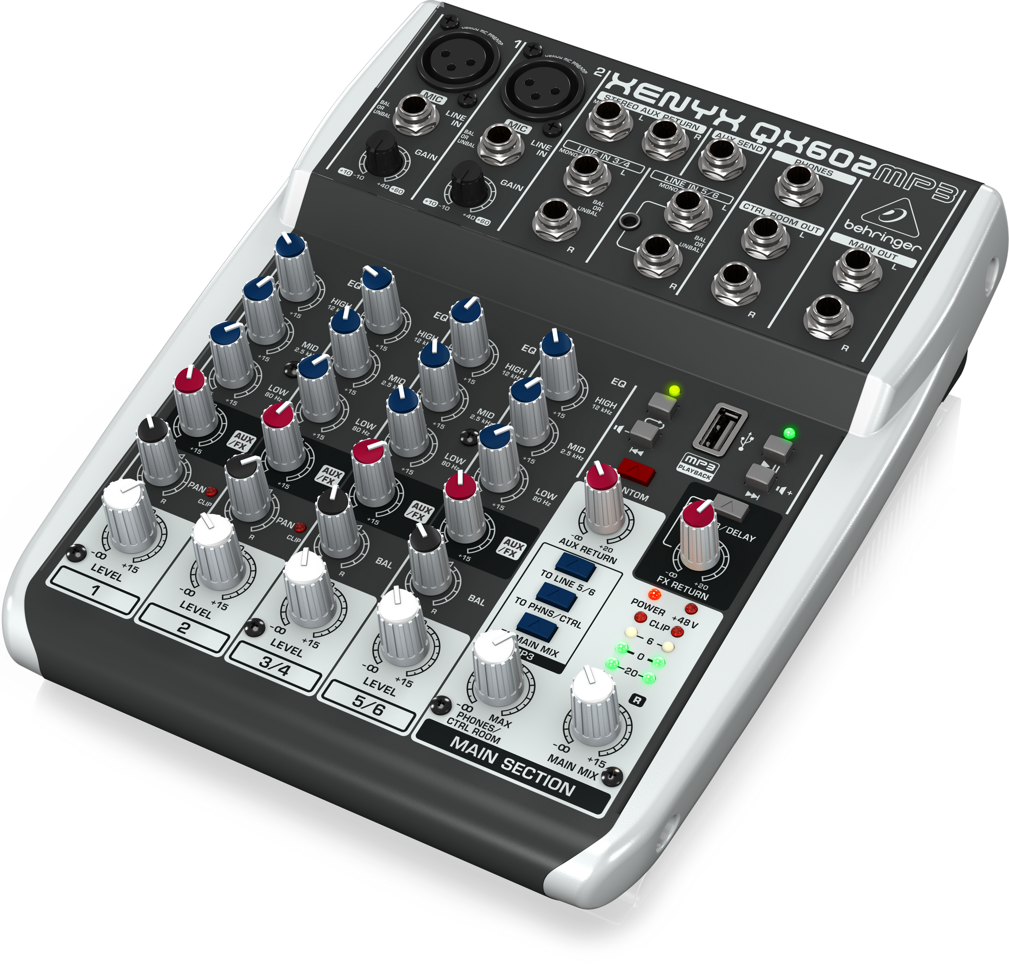 Behringer XENYX QX602MP3 Premium 6-Input 2-Bus Mixer with XENYX Mic Preamps British EQ MP3 Player and Multi-FX